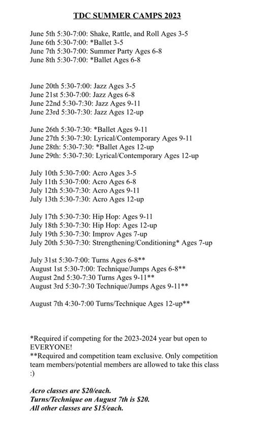 A schedule Provided by Transcend Dance Company